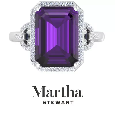 Lab Created Martha Stewart 7 1/3 Carat Emerald Cut Gemstone and Grown Diamond Halo Ring Sterling Silver