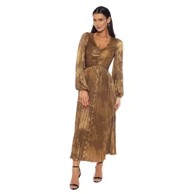 V-Neck Pleated Long Sleeve Dress
