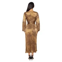 V-Neck Pleated Long Sleeve Dress