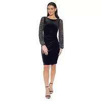 Beaded Sleeve Pleated Side Dress