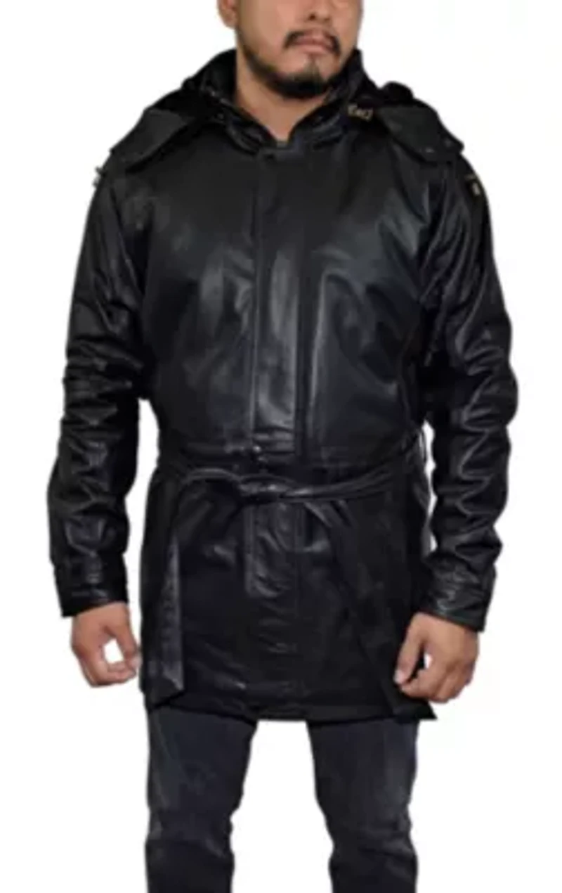 Men's 3/4 Length Genuine Leather Coat w/Removable Hood