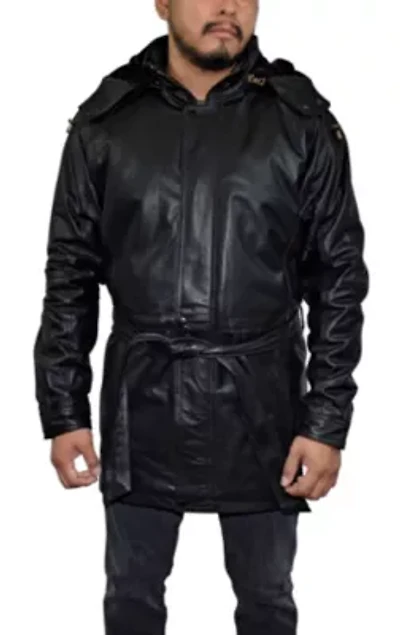 Men's 3/4 Length Genuine Leather Coat w/Removable Hood