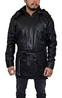 Men's 3/4 Length Genuine Leather Coat w/Removable Hood