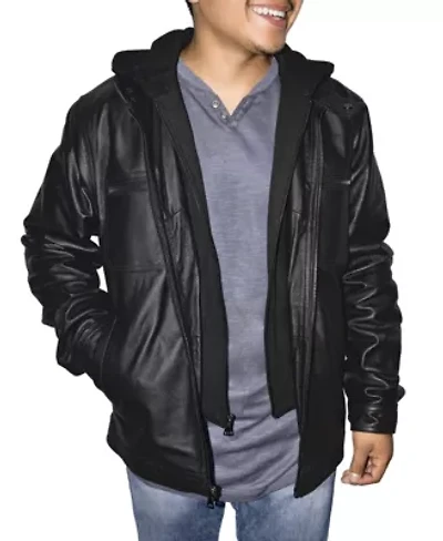 Men's Zip Out Removable Hood Genuine Leather Jacket