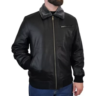 Men's Genuine Leather Quilted Lined Jacket with Sherpa Collar
