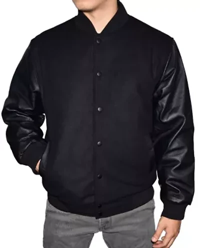 Men's Wool Blend Letterman Jacket with Genuine Leather Sleeves