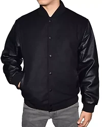 Men's Wool Blend Letterman Jacket with Genuine Leather Sleeves
