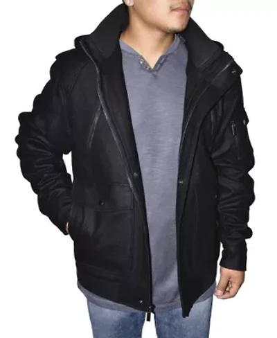 Men's Removable Hooded Wool Blend Bomber Jacket