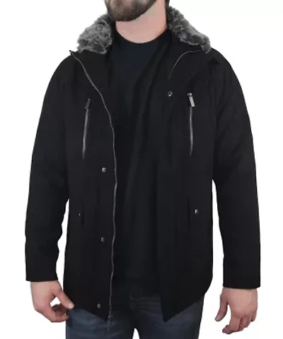 Men's Detachable Faux Fur Collar Wool Blend Coat