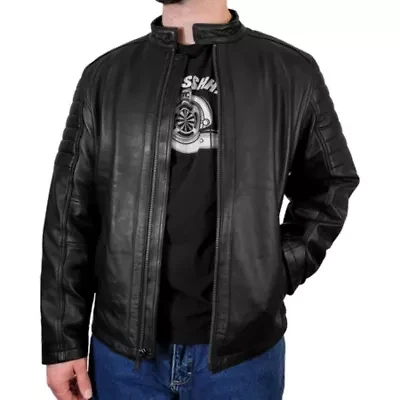 Men's Genuine Leather Quilted Lined Racing Jacket