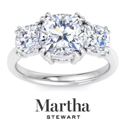 Lab Created Martha Stewart 5 Carat Cushion Cut Grown Diamond Three Stone Engagement Ring Available 14K White and Yellow Gold