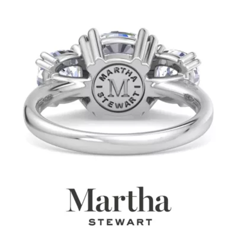 Lab Created Martha Stewart 5 Carat Cushion Cut Grown Diamond Three Stone Engagement Ring Available 14K White and Yellow Gold