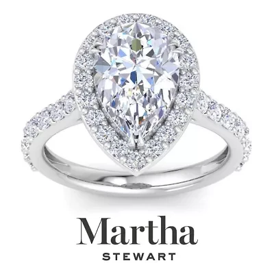Lab Created Martha Stewart 4 Carat Pear Shape Grown Diamond Halo Engagement Ring Available 14K White and Yellow Gold
