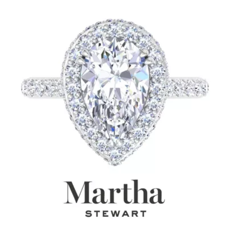 Lab Created Martha Stewart 4 Carat Pear Shape Grown Diamond Hidden Halo Engagement Ring Available 14K White and Yellow Gold