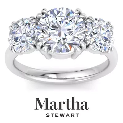 Lab Created Martha Stewart 5 Carat Round Grown Diamond Three Stone Engagement Ring Available 14K White and Yellow Gold