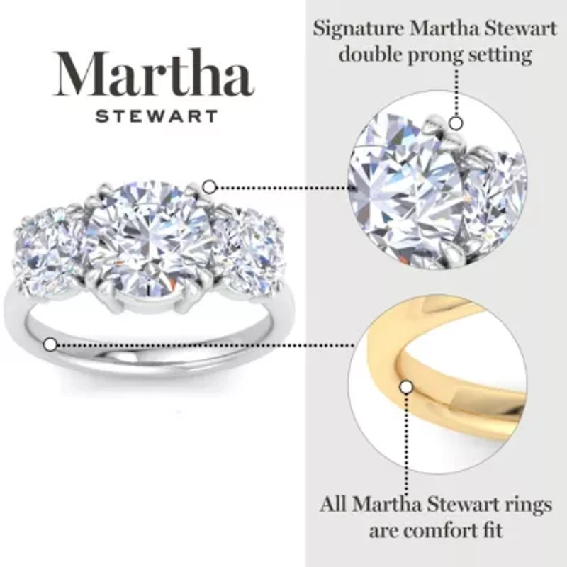 Lab Created Martha Stewart 5 Carat Round Grown Diamond Three Stone Engagement Ring Available 14K White and Yellow Gold