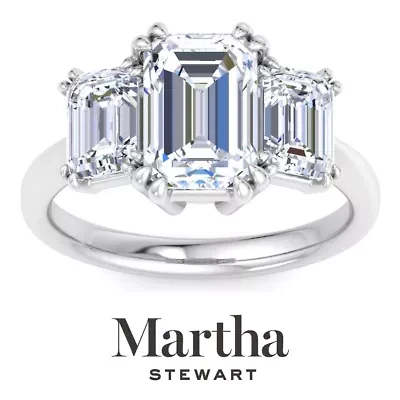 Lab Created Martha Stewart 5 Carat Emerald Cut Grown Diamond Three Stone Engagement Ring Available 14K White and Yellow Gold
