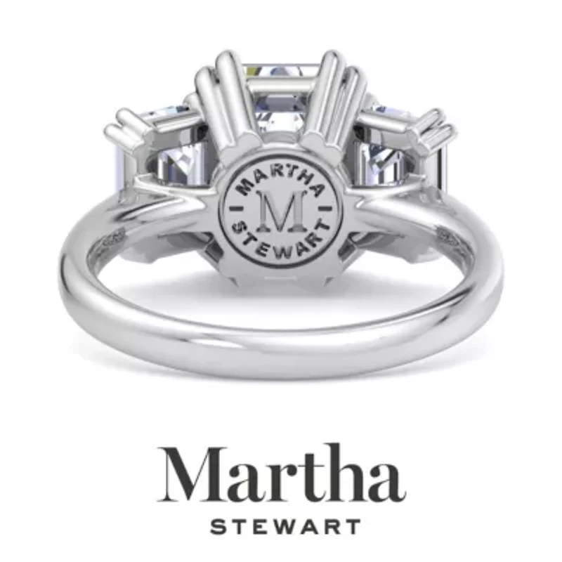 Lab Created Martha Stewart 5 Carat Emerald Cut Grown Diamond Three Stone Engagement Ring Available 14K White and Yellow Gold