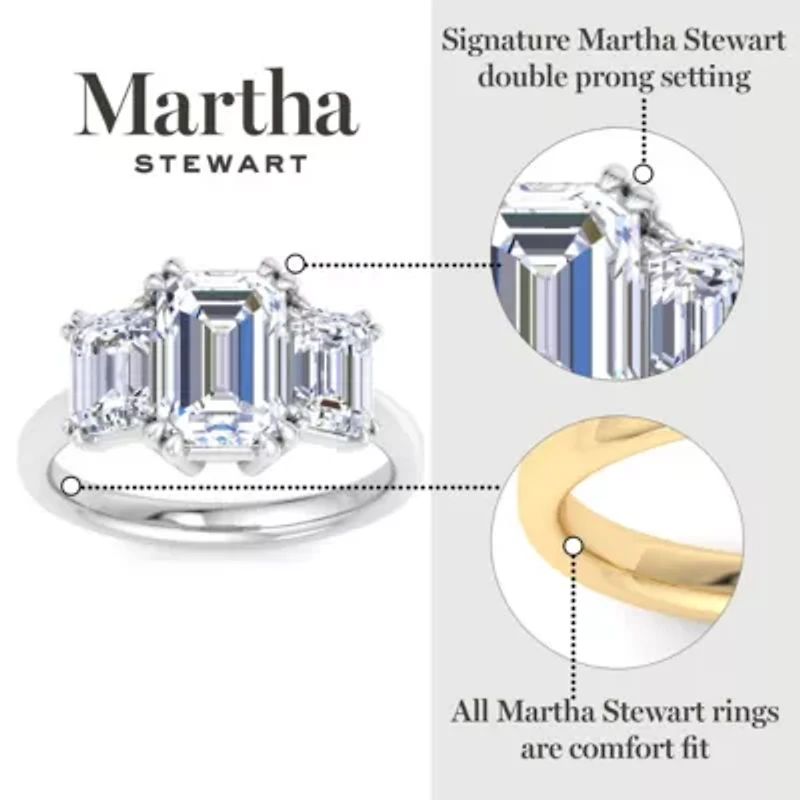 Lab Created Martha Stewart 5 Carat Emerald Cut Grown Diamond Three Stone Engagement Ring Available 14K White and Yellow Gold