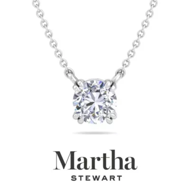 Lab Created Martha Stewart Carat Round Shape Grown Diamond Solitaire Necklace Available 14K White and Yellow Gold
