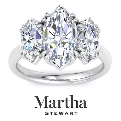 Lab Created Martha Stewart 5 Carat Marquise Shape Grown Diamond Three Stone Engagement Ring Available 14K White and Yellow Gold