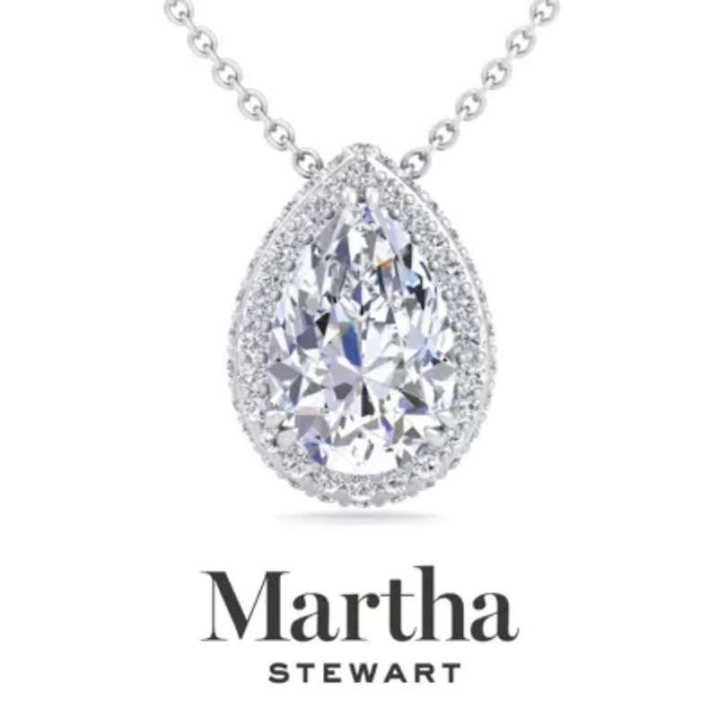 Lab Created Martha Stewart 2 1/4 Carat Pear Shape Grown Diamond Halo Necklace Available 14K White and Yellow Gold
