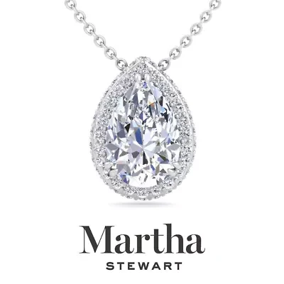 Lab Created Martha Stewart 2 1/4 Carat Pear Shape Grown Diamond Halo Necklace Available 14K White and Yellow Gold