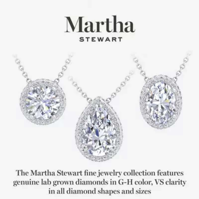 Lab Created Martha Stewart 2 1/4 Carat Pear Shape Grown Diamond Halo Necklace Available 14K White and Yellow Gold