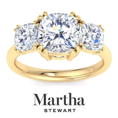 Lab Created 5 Carat Cushion Cut Grown Diamond Three Stone Engagement Ring Available 14K White and Yellow Gold