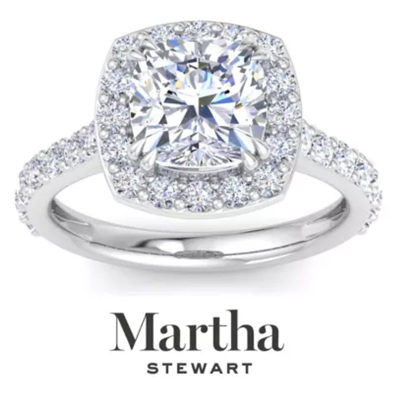 Lab Created Martha Stewart 4 Carat Cushion Cut Grown Diamond Halo Engagement Ring Available 14K White and Yellow Gold