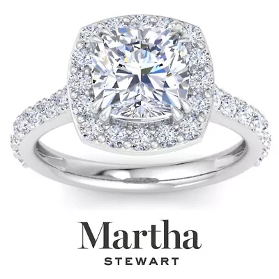 Lab Created Martha Stewart 4 Carat Cushion Cut Grown Diamond Halo Engagement Ring Available 14K White and Yellow Gold