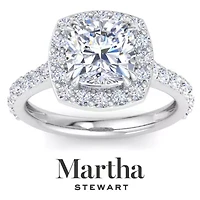 Lab Created Martha Stewart 4 Carat Cushion Cut Grown Diamond Halo Engagement Ring Available 14K White and Yellow Gold