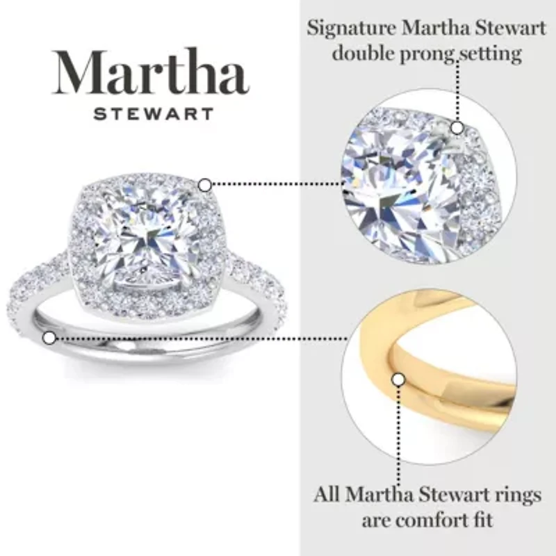 Lab Created Martha Stewart 4 Carat Cushion Cut Grown Diamond Halo Engagement Ring Available 14K White and Yellow Gold