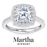 Lab Created Martha Stewart 4 Carat Cushion Cut Grown Diamond Hidden Halo Engagement Ring Available 14K White and Yellow Gold