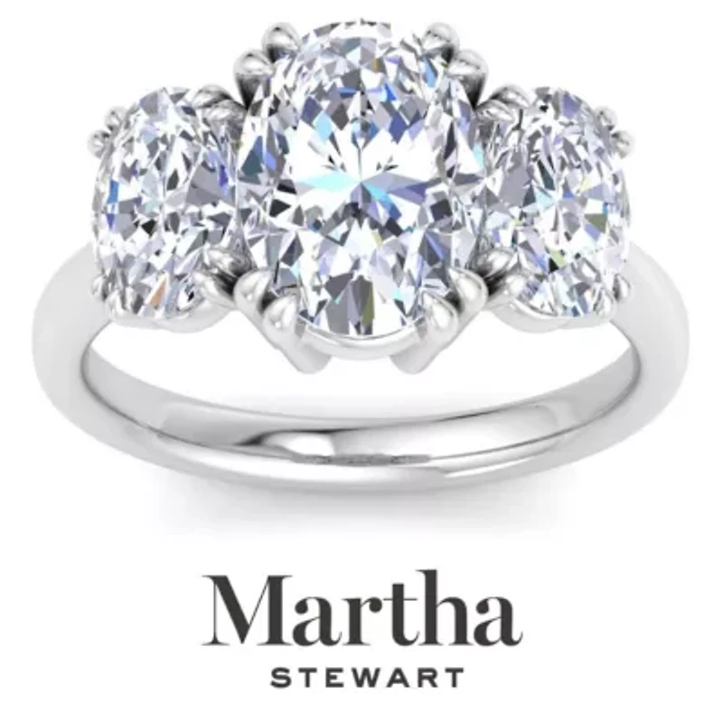 Lab Created Martha Stewart 5 Carat Oval Shape Grown Diamond Three Stone Engagement Ring Available 14K White and Yellow Gold
