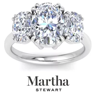 Lab Created Martha Stewart 5 Carat Oval Shape Grown Diamond Three Stone Engagement Ring Available 14K White and Yellow Gold