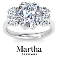 Lab Created Martha Stewart 5 Carat Oval Shape Grown Diamond Three Stone Engagement Ring Available 14K White and Yellow Gold