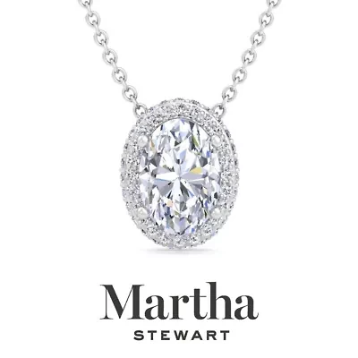 Lab Created Martha Stewart 2 1/4 Carat Oval Shape Grown Diamond Halo Necklace Available 14K White and Yellow Gold
