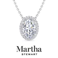 Lab Created Martha Stewart 2 1/4 Carat Oval Shape Grown Diamond Halo Necklace Available 14K White and Yellow Gold