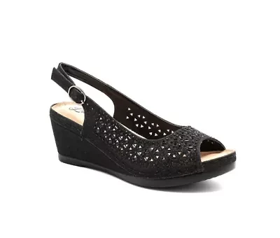 Anita, Open Toe Slingback Wedge With Metal Studs