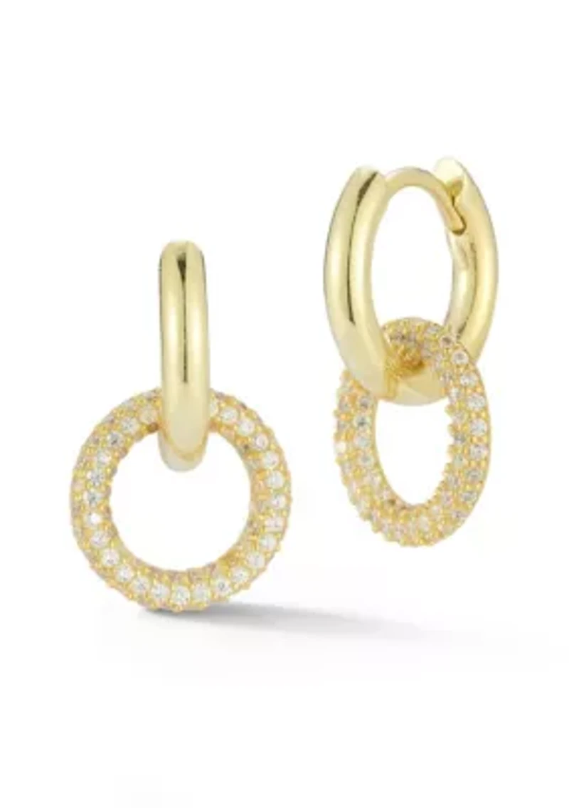 Sterling Silver Open Cubic Zirconia Pave Link Huggie Hoop Earrings