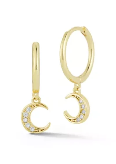 Sterling Silver Cubic Zirconia Moon Charm Huggie Hoop Earrings