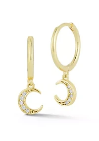 Sterling Silver Cubic Zirconia Moon Charm Huggie Hoop Earrings