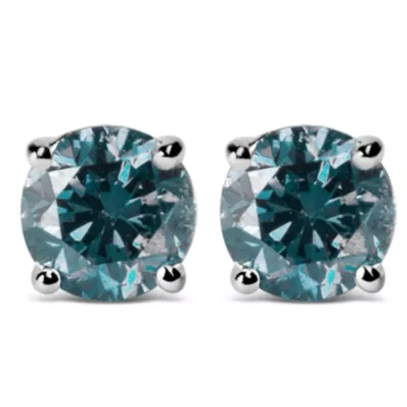 Lab Created 14K Gold Lab Grown Blue Diamond Solitaire Stud Earrings