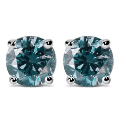 Lab Created 14K Gold Lab Grown Blue Diamond Solitaire Stud Earrings