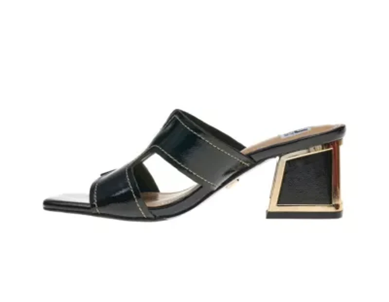 Bright, Open Toe Back Mule On A Gold Trimmed Heel