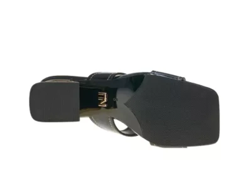 Bright, Open Toe Back Mule On A Gold Trimmed Heel