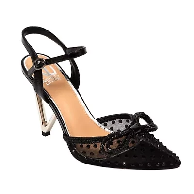 Gloria, Mesh & Rhinestone Trimmed Pump On A Architectural Heel.