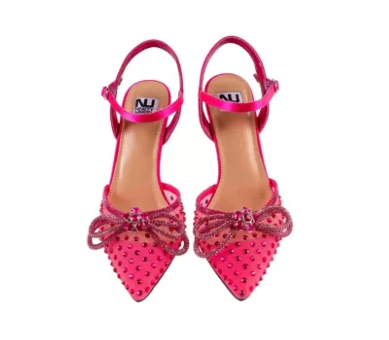 Gloria, Mesh & Rhinestone Trimmed Pump On A Architectural Heel.