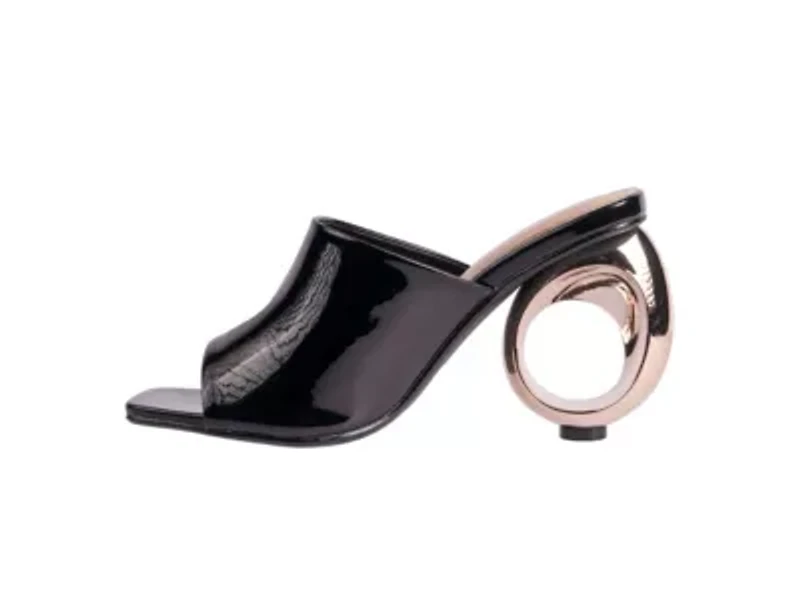 Jloo, Open Toe Slide With A Cool Circular Metallic Round Heel